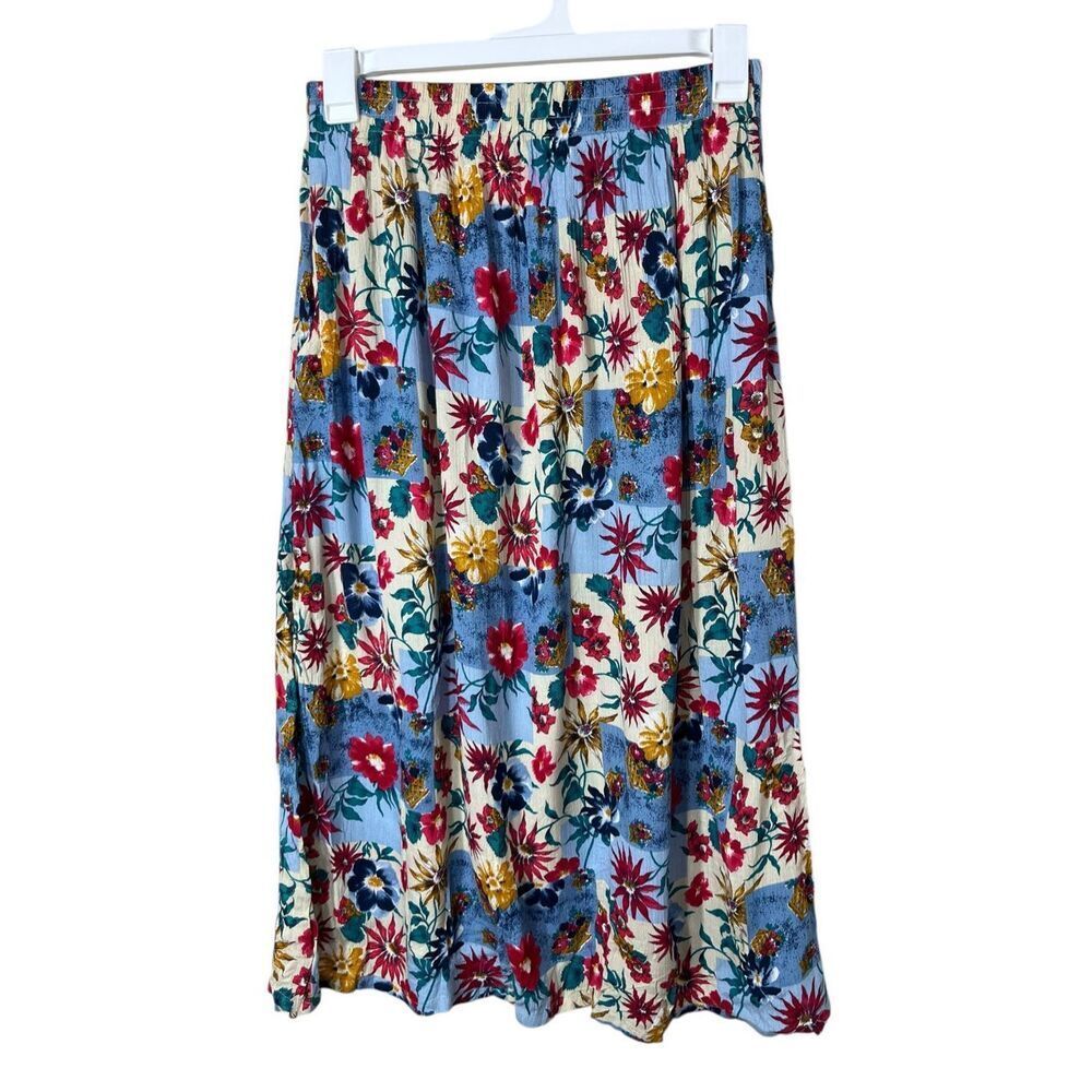Vintage The Villager pleated Blue Cream Floral Boho Maxi Skirt Size‎ M